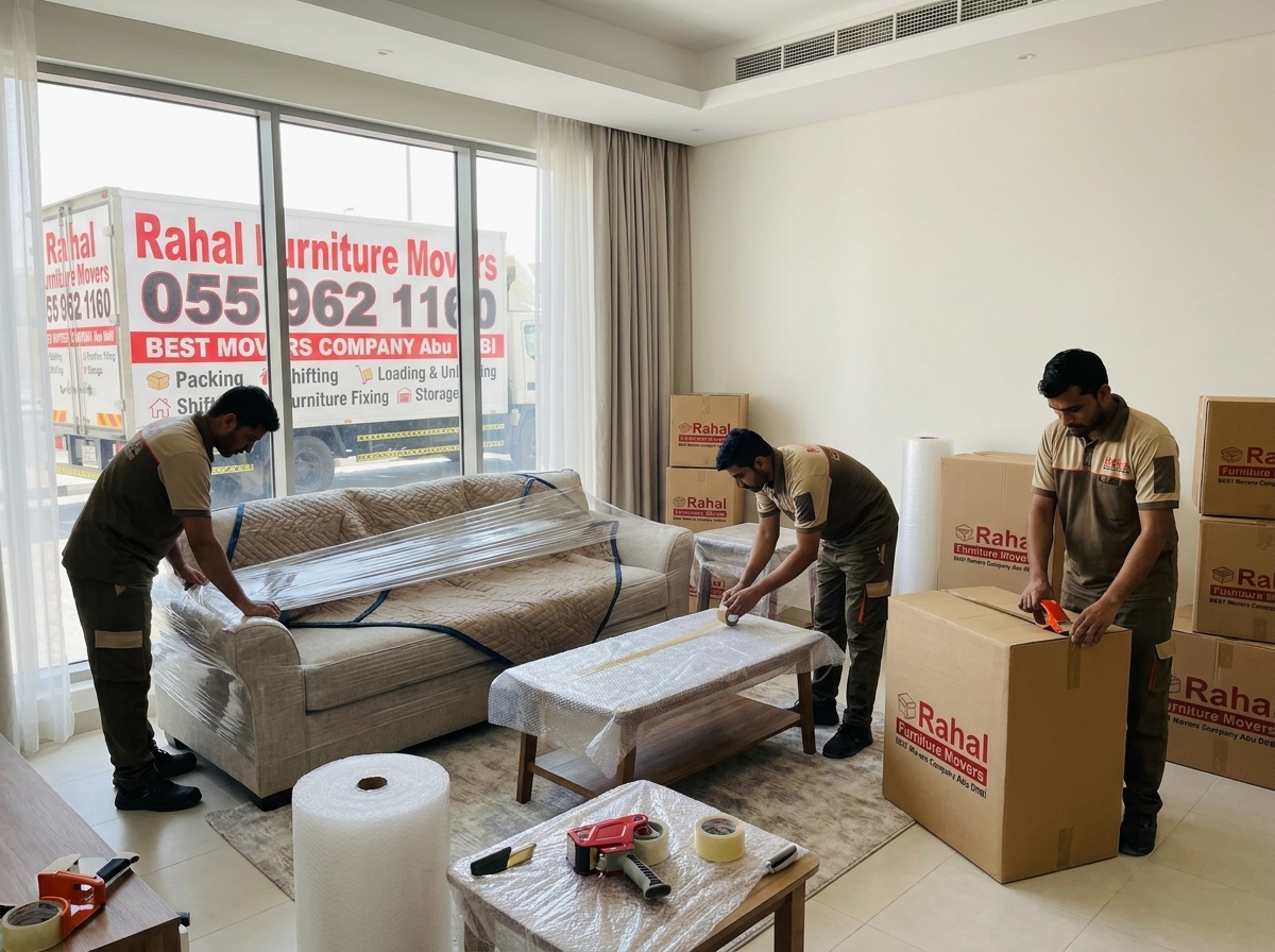 Professional packers in Abu Dhabi wrapping fragile kitchenware in bubble wrap