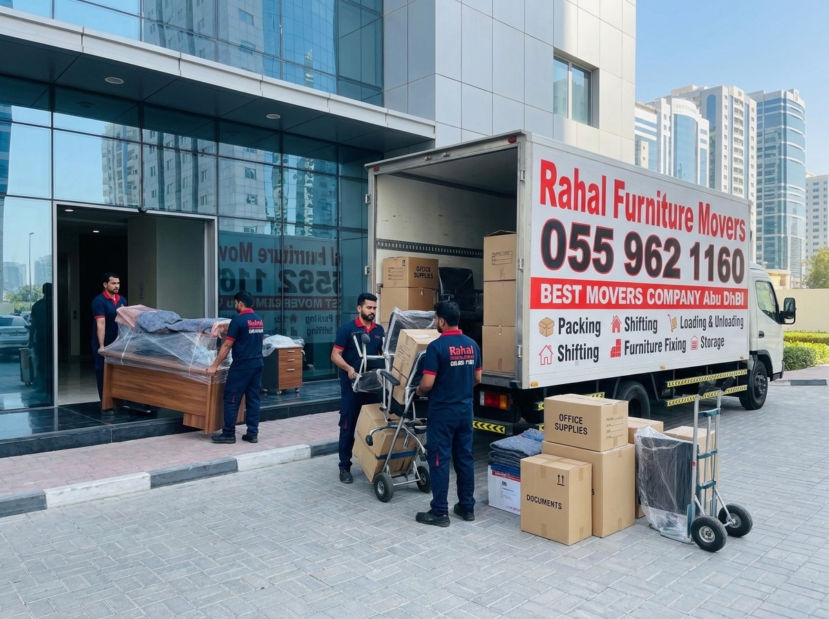 Furniture movers in Abu Dhabi wrapping a sofa in protective blankets before transport