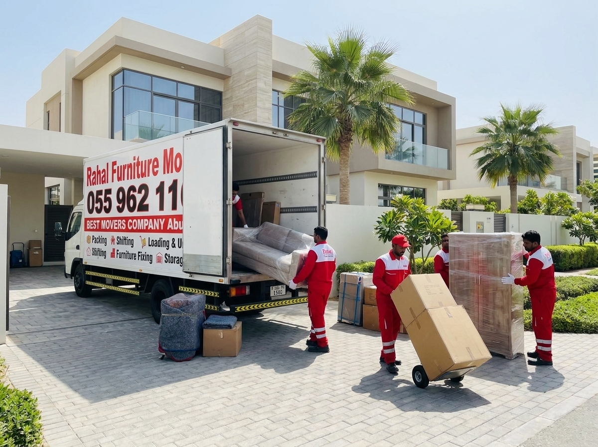 Villa movers in Abu Dhabi loading wrapped furniture into a moving truck outside a villa