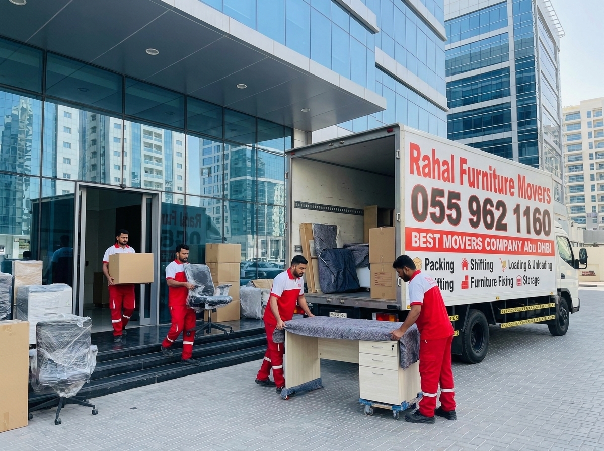 Office movers in Abu Dhabi packing labelled crates and IT equipment during a business relocation
