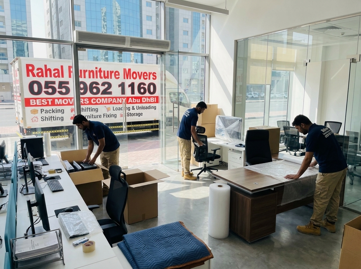 Office movers in Abu Dhabi packing desks and IT equipment for a business relocation