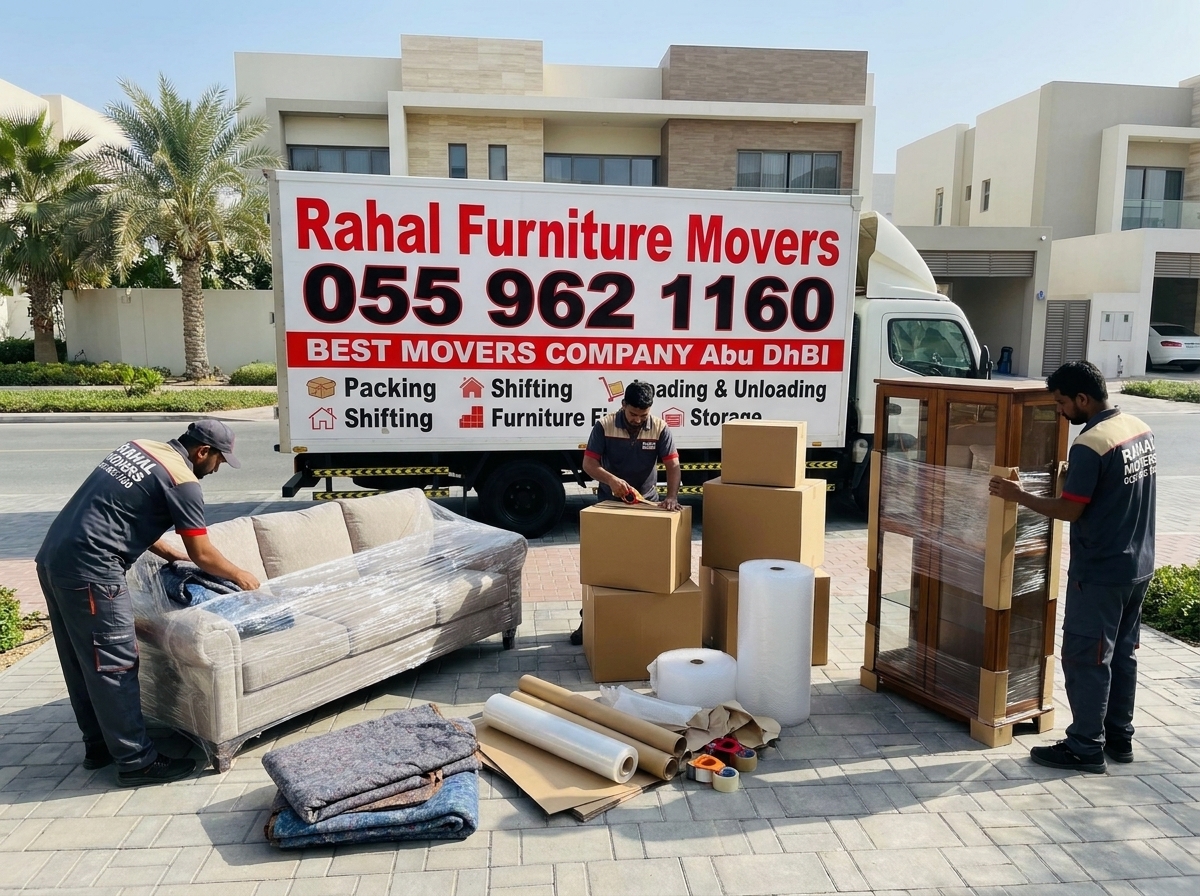 Rahal Movers team loading packed furniture into a moving truck in Abu Dhabi